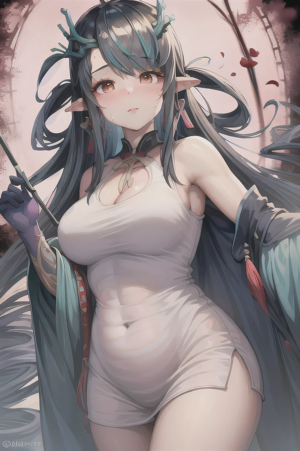 1 girl, adult, water nymph, long silver hair with bangs, blueish-silver eyes, small breasts, transparent bra, scared, mermaid, at a river, fish scales, ((hands behind back, body tied, hentai Rope Bondage , Hemp rope)), fish fins on head, mystical, looking at viewer