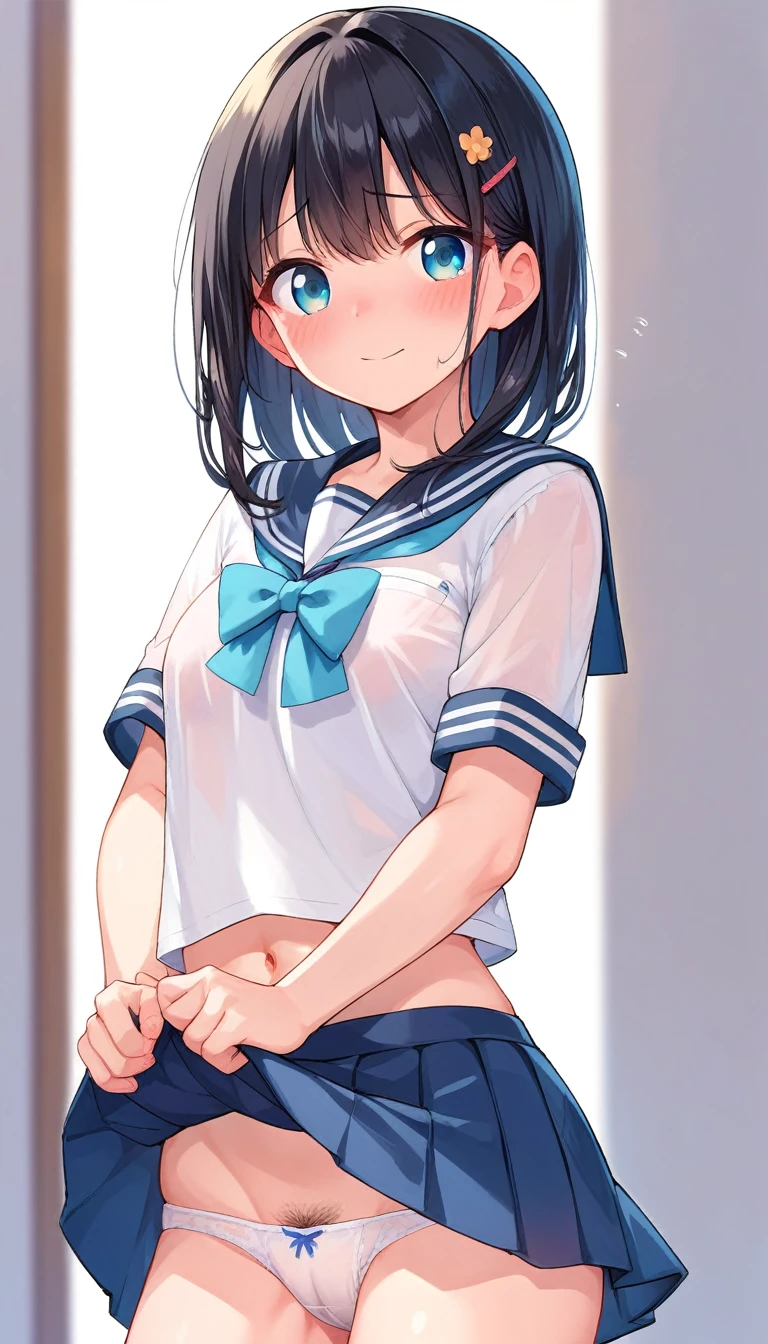 Adult female beauty smile Black Hair Embarrassed blush Sailor suit The wind flips up my skirt Pure white underwear 濃いpubic hair pubic hair Schoolyard