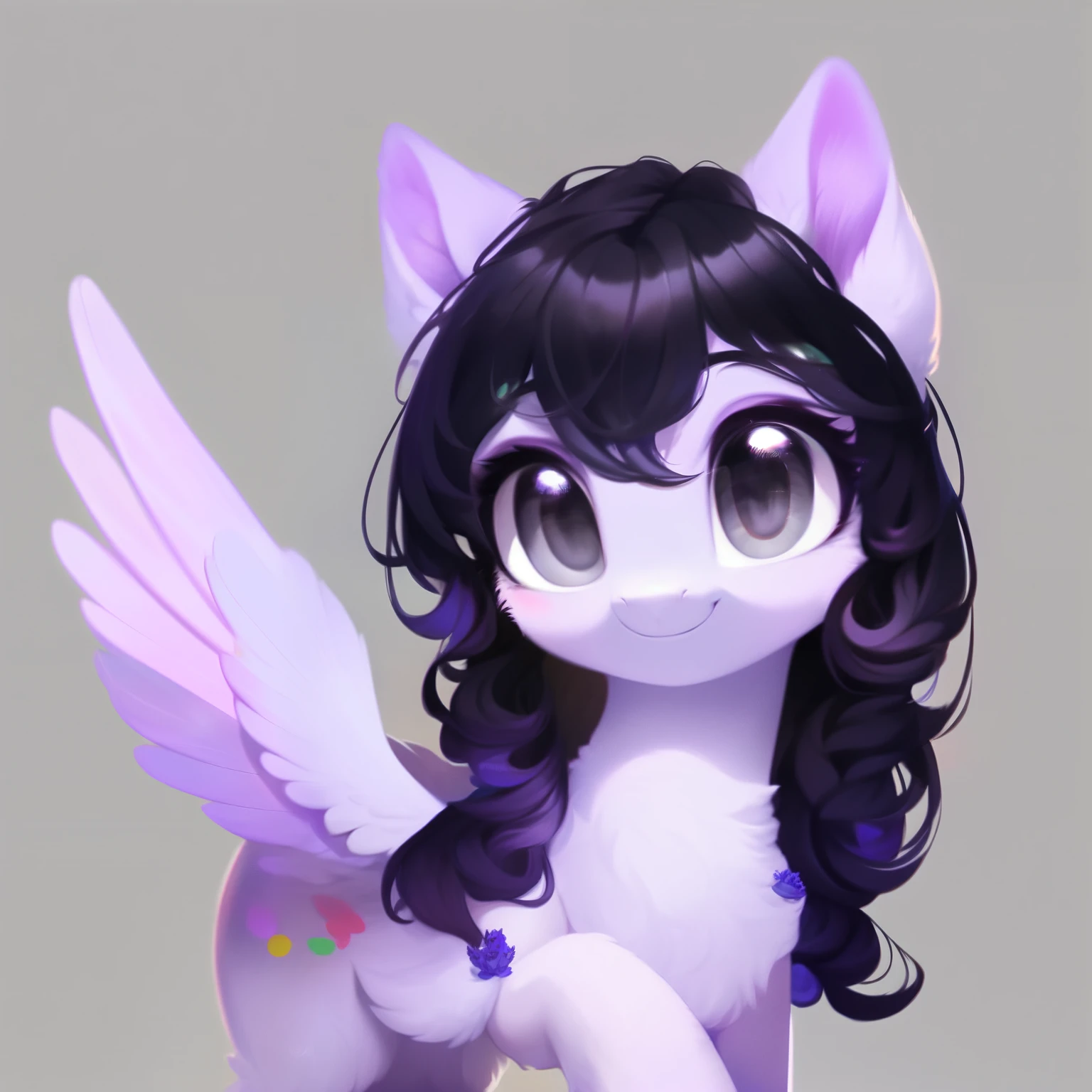 rating_safe, score_9, fluffy, feral pegasus pony, female, round cute face, Lavender purple body, black-purple mane, disheveled hair, soft and delicate long hair, clear grey eyes, grey eyes, smiling. dynamic。young and beautiful。。Standing picture, Ray Tracing。whole body。Standing。White background,