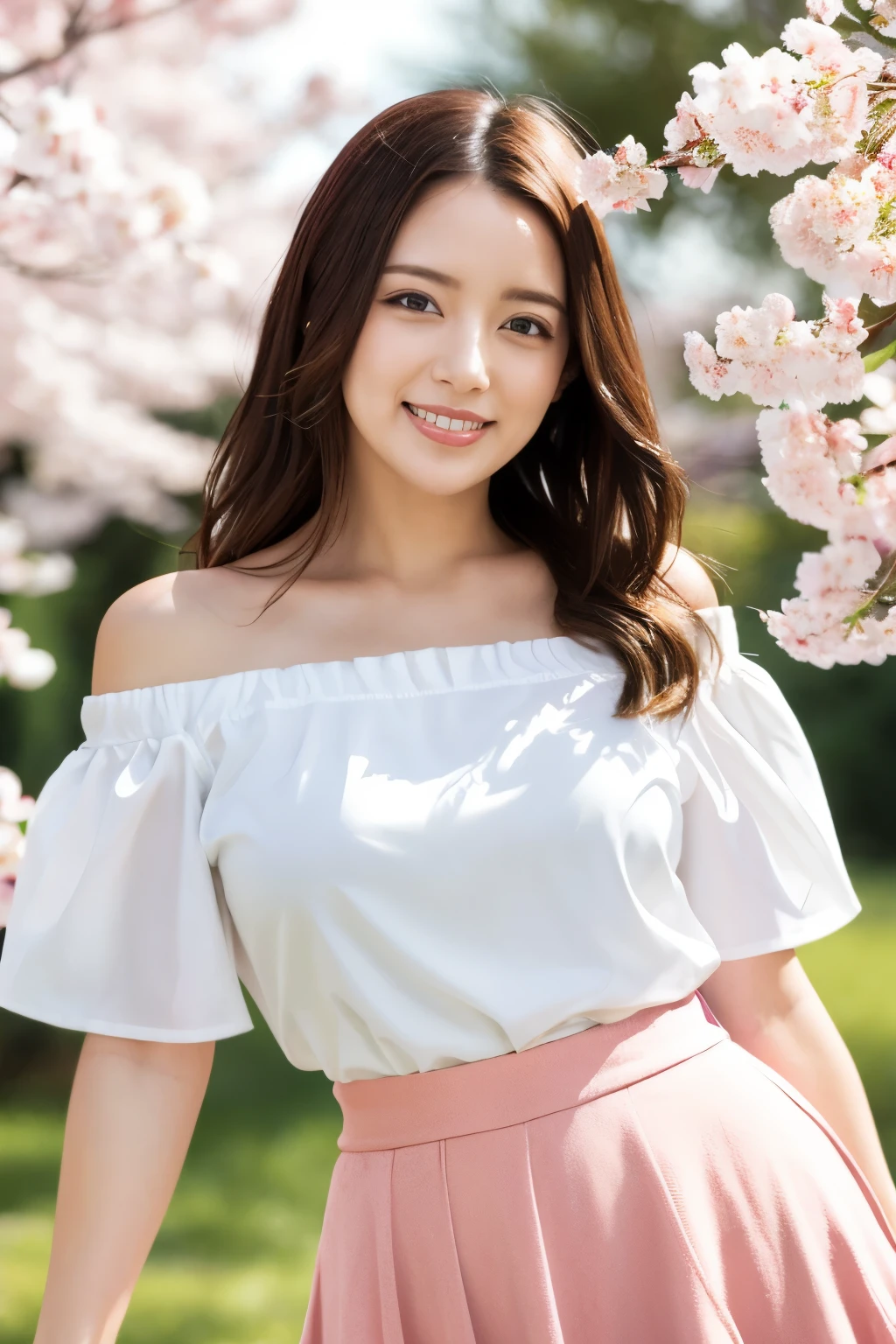 (Highest quality、Tabletop、8k、Best image quality、Hyperrealism)、Accurate anatomy、The best smile、(Close-up of face:1.1)、(White off-the-shoulder blouse with large frills:1.2)、(Elegant and cute light pink flared skirt:1.2)、Blurry park background、Blurred cherry blossoms in full bloom、Are standing、(Very bright and vivid:1.1)、(Bright and glowing skin:1.1)、(Beautiful sunny sky:1.1)