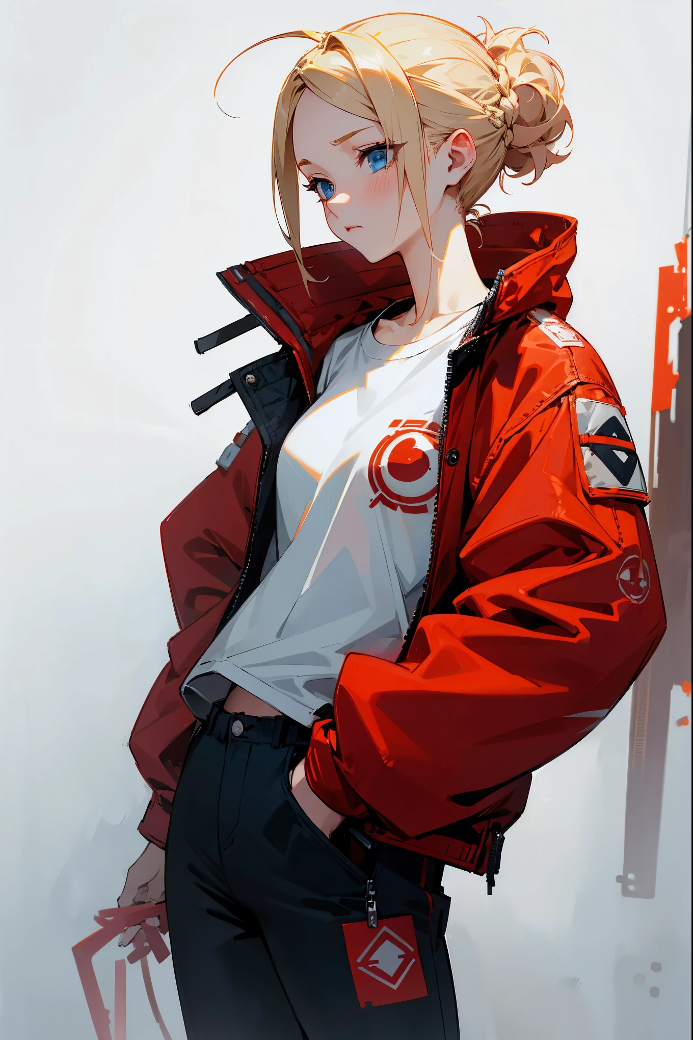 1female, blonde hair, messy updo, blue eyes, somber expression, white tee, red puffer jacket, white and red accent design pants, foggy background, hands to side, detailed face