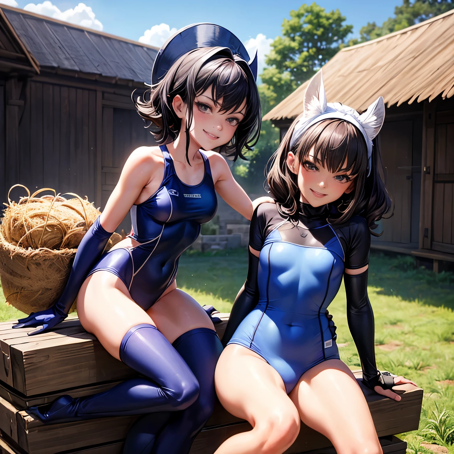  Brunetette, thin and slender, short and curly dark hair, small breasts and hips, service gloves, blue and white sports swimsuit, mischievous grin, sitting on a pile of hay in a barn, relaxed pose, wide sight, (character in the foreground) (sweaty skin) (adventure anime) 8 k quality