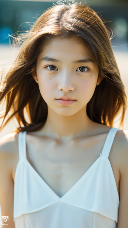 lens: 135mm f1.8,(Highest quality),(Tabletop:1.1), (Beautiful  Japanese girl),  (Moisturized lips), Narrow eyes, double eyelid,Delicate clavicle,Flat Chest,Shortcuts,
 (Let me&#39;Let&#39;s take another look), (close:1.4),  shame, A faint smile,
(Spotted sunlight:1.2), Dramatic lighting, 
(White camisole), (Sunburned skin:0.2),Full body photo、Full Body Focus