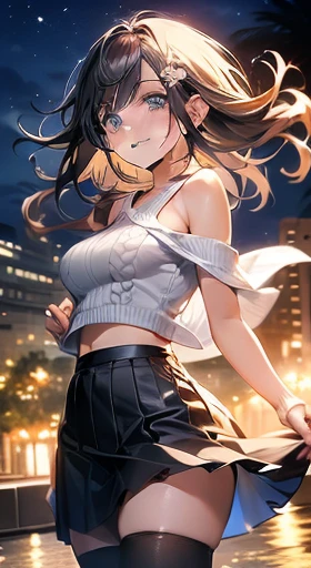 ((masterpiece, Highest quality, High resolution, 超High resolution, Pixel Perfect, Depth of written boundary, 4K, RTTX 10.0, Human Development Report))), One Girl, single, alone, beauty、View the whole body、 ((Waist-length hair, Short Liuhai, Long black hair)), ((blue eyes, Beautiful eyelashes, Realな目)), ((Detailed face, blush:1.2)), ((Smooth texture:0.75, Real质感:0.65, Real:1.1, Anime CG style)), Large Breasts, Perfect body, (( collarless sweater, Exposing shoulders, Short skirt ,black tights)), smile, Transverse seat, (The wind is so strong that my hair flies away,左Exposing shouldersする、black tights) , Night view hot spring,Snowy Night