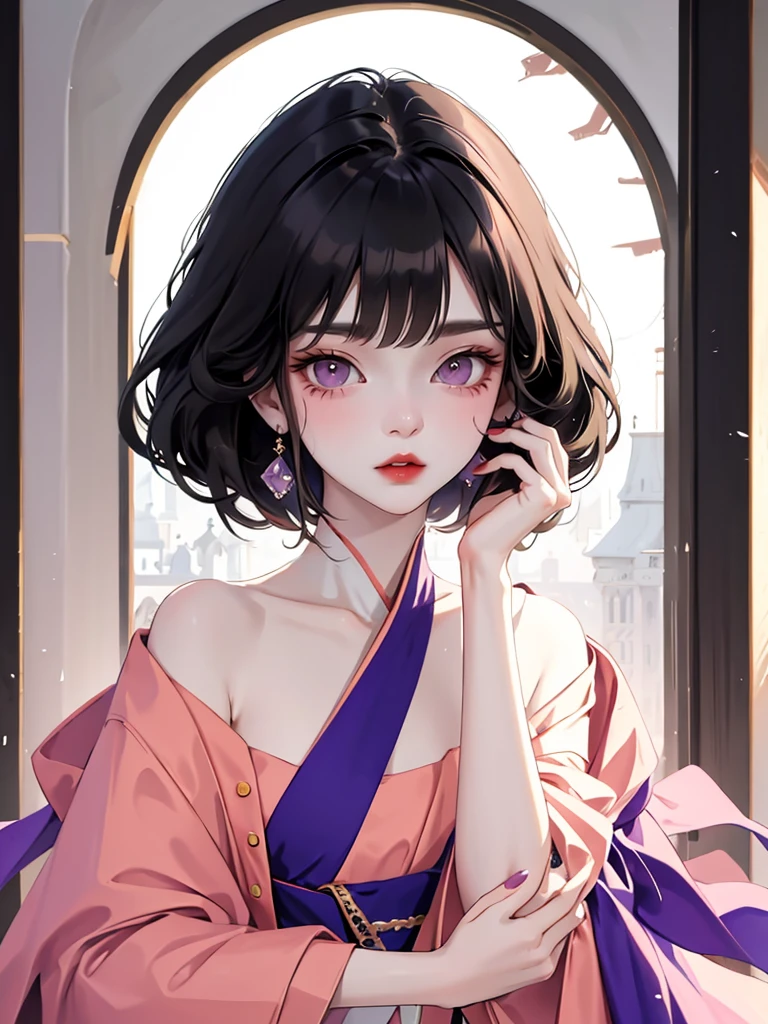 (flat color:1.1),(masterpiece:1.2), original, medium length straight black hair, peach-colored eyes, mature girl　Purple clothes