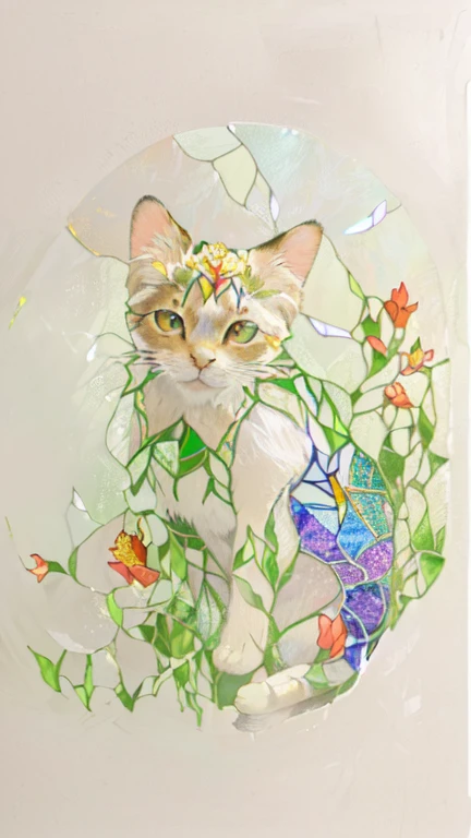 (masterpiece),((Highest quality)), (Cat wearing stained glass flowers,1:1.5), (Fusion of fantasy plants and realistic cats 1:1.3), Portrait of a cat sitting on a flowered ground, Cute and detailed artwork,The petals are shining with gold edges,Highly detailed and colorful, Transparent watercolor painting, Soft and dreamy colors,Very exquisite art, 複雑で色彩豊かなmasterpiece, The background is a dreamy glow,In the background, countless small twinkling lights