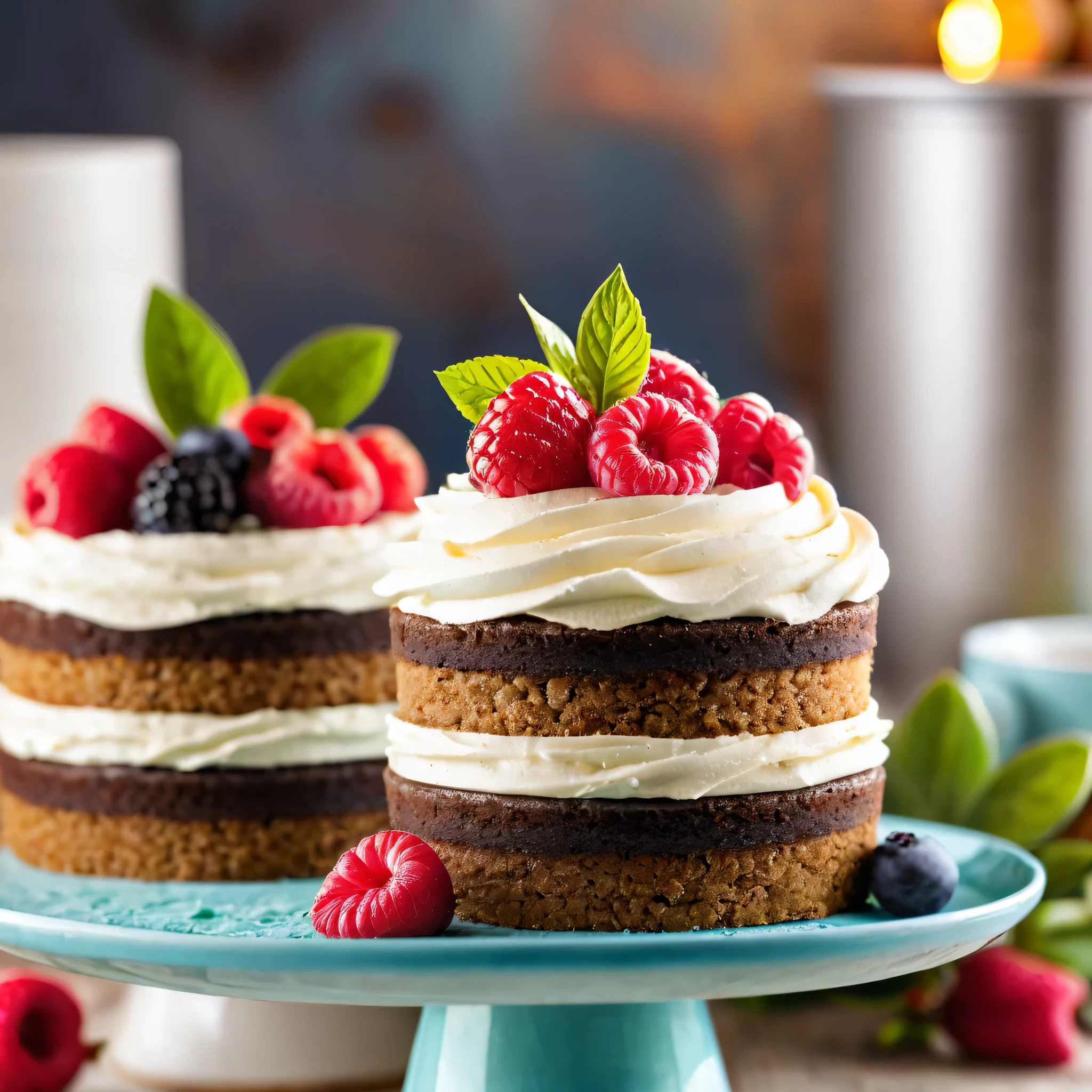 (best qualityer), (2 cakes), dynamic photo, Pinterest, luscious, mouth watering, nblurry background, promotional still