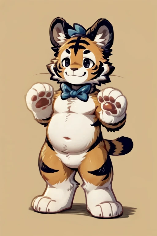 tiger face,Cute face,Humanity(tiger), Chubby, muscular character, bare chest, (white eyebrows:1.1),(perfect black eyes), simple background, print style。(Artist:Takemoto Arashi ), score_9, score_8_up, score_7_up, (goldenbrown:1.2), fake animal ears, animal ears, cat ears, paw gloves, cat paws, paw pose, smile, standing