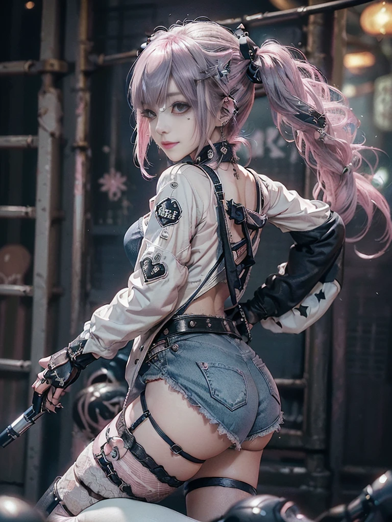 (Full Body View:1.2)、(Back view:1.4)、(Smiling with teeth showing:1.3),(Shibuya Gal:1.5)、(Beautiful:1.4)、(gothic fashion:1.5)、(Punk RockVisual Kei:1.3)、(Futuristic baby doll in black, white and denim:1.5)、(A delicate jacket in beige, black and navy:1.5)、(Denim garter belt:1.5)、(Denim and black and white bodysuit:1.4)、(Heart-shaped silver accessories:1.5)、(Brown Skin Belt:1.4)、(Blue High Heels:1.4)、(Lace patterned underwear:1.4)、28 years old、NSFW,((Highest quality、In 8K、masterpiece:1.3))、Sharp focus:1.2、(Layered Cut、Beautiful boobs:1.1),Beautiful woman with perfect figure:1.4、(Doing an aerobics pose:1.3)、Slender Abs:1.2、Butt、Highly detailed face and skin texture、Detailed eyes、double eyelid,(Twin tails:1.3)、(Pink Hair:1.3)、Obscene、Gravure idol、(Luxurious amusement park at night:1.3)、(Make your legs thinner:1.4)、(Thin thighs:1.4)、(Slim Body:1.3)、(clavicle:1.1)