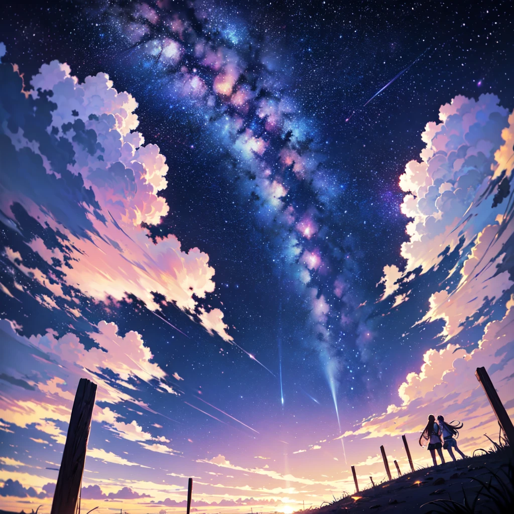 Sky with atmospheric purple and white stars, epic, atmospheric, gazing at the star so bright