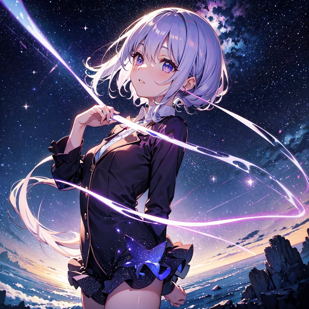 Sky with atmospheric purple and white stars, epic, atmospheric, gazing at the star so bright