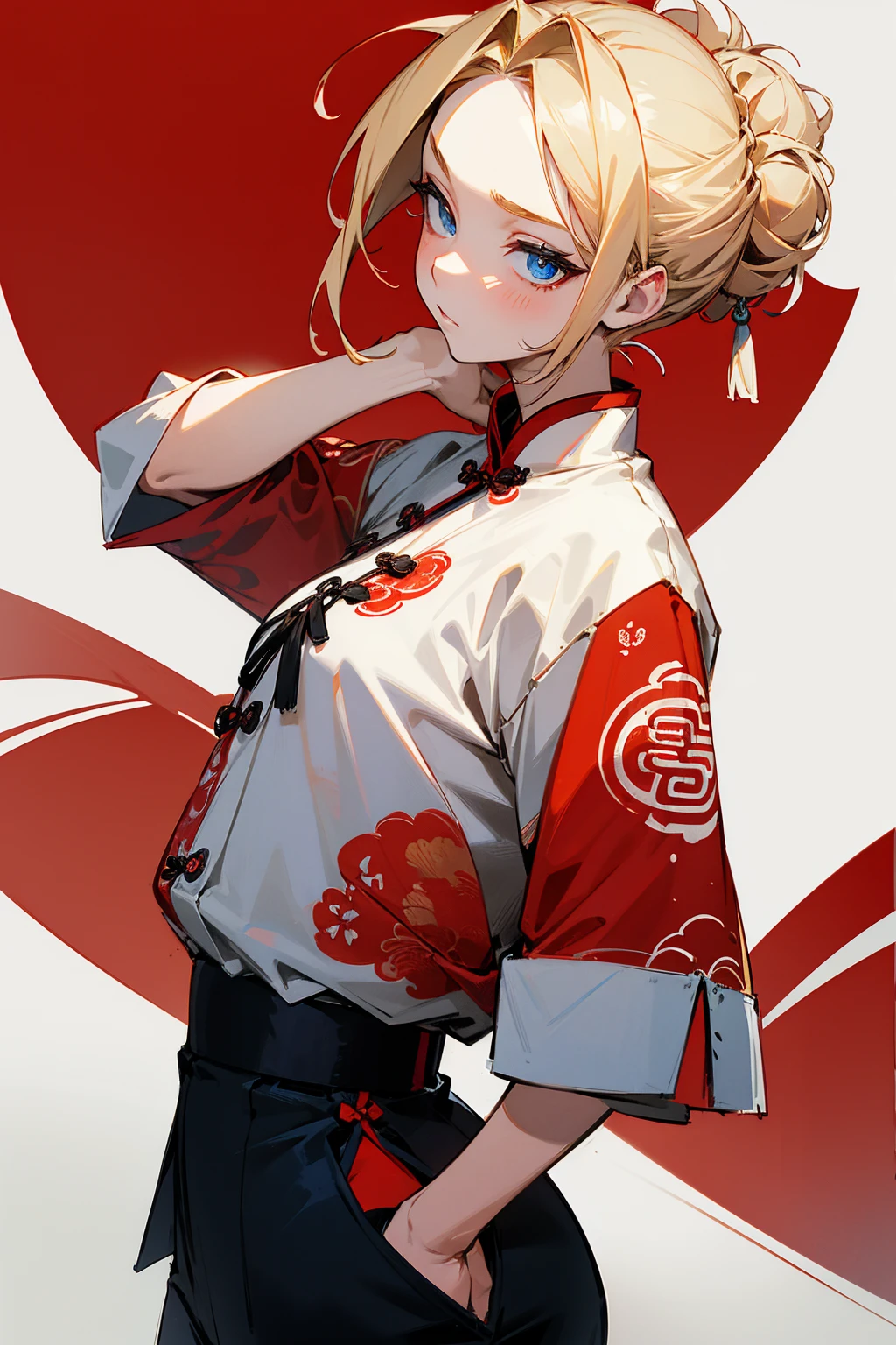 1female, blonde hair, messy updo, blue eyes, somber expression, red chinese design shirt, white and red chinese design pants, foggy background, hands to side, detailed face