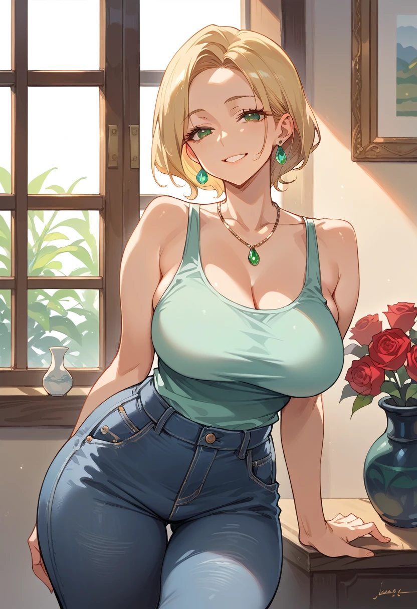 (score_9,score_8_up,score_7_up),1woman,solo,source_anime,mature,big sister,middle age,blonde hair,green eyes,white tank top,blue jeans,jade earrings, jade necklace, large breasts,wide hips, bare shoulders, warm smile, tired smile,standing near a window, vase with roses near the window