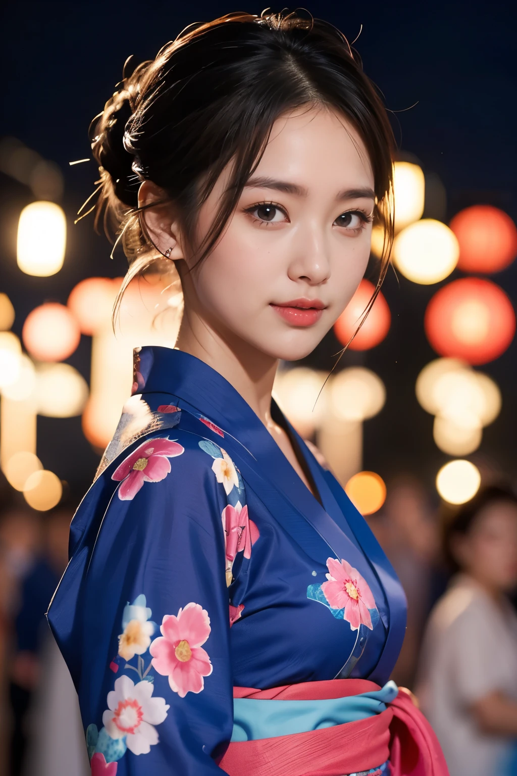 highest quality、4K、Perfect Face、Perfect Style、perfect body、Sunburn、beautiful lady、mature、summer festival、Japan、blue yukata 、firework、at night、low updo