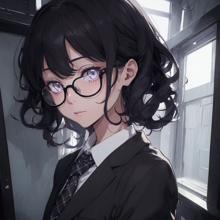 (1 boy), school boy, male, tie, holding a bool, cute boy, adorable, Thick black frame glasses, shy, black messy hair, bluish-grey eye color, wearing glasses, 4k, detailed, anime 4k, (Curly hair), from side, character focus, ((black light)),((dark lighting)), cinematic lighting ,(darkness), (concept art), high resolution,(incredibly absurdres) ,extremely detailed CG unity 8k wallpaper, ((masterpiece)), ((top-quality)), (beautiful illustration), ((an extremely delicate and beautiful)), (masterpiece, Best quality, ultra high resolution), Black hair, pale skin, ultra detailed eyes, Beautiful and detailed face, detailed eyes, (Centered, torso), (wide shot:0.9), facing the viewer, Eye level, ((male))