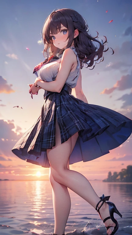 Anime Kawaii sexy Perfect Slim sensual body large breast and huge thighs, An intricate and highly detailed illustration of anime ( girl). ((Biologically correct member count))、(( full body including face))、4K、work of art、((focus on the face))、((Symmetrical, well-proportioned facial features))、Eyes with delicate representations、(((1 person)))、beautfull woman、Outstanding Style、slenderbody、(((High heels with ankletshinestones sleeveless、plaid hip skirt)))、necktie、(((photo with white frame、photo with white frame)))、((looking up))、unexpressive、(((riverside、stay on the surface of the water)))、(Upper body close-up photo)、greatest angle、dawn、Raby、((A backlit photo with the sun in the background))、Calf tattoo、