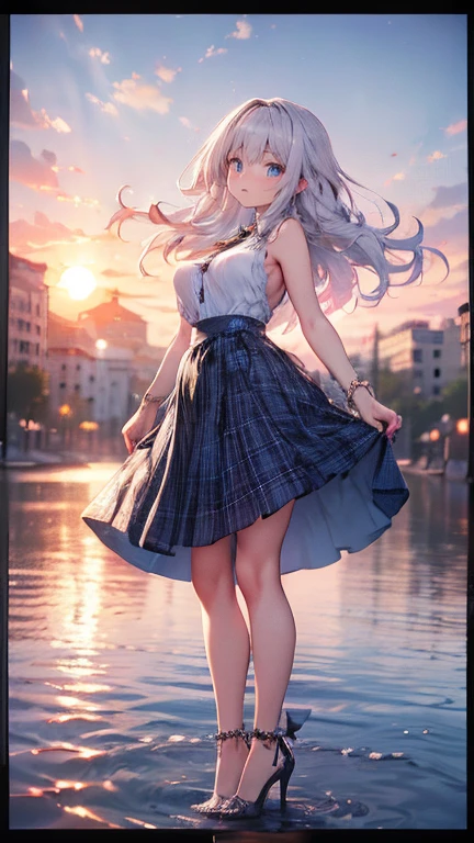 Anime Kawaii sexy Perfect Slim sensual body large breast and huge thighs, An intricate and highly detailed illustration of anime ( girl).  ((Biologically correct member count))、(( full body including face))、4K、work of art、((focus on the face))、((Symmetrical, well-proportioned facial features))、Eyes with delicate representations、(((1 person)))、beautfull woman、Outstanding Style、slenderbody、(((High heels with ankletshinestones sleeveless、plaid hip skirt)))、necktie、(((photo with white frame、photo with white frame)))、((looking up))、unexpressive、(((riverside、stay on the surface of the water)))、(Upper body close-up photo)、greatest angle、dawn、Raby、((A backlit photo with the sun in the background))、Calf tattoo、
