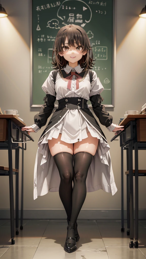 Face Focus , ((Highest quality)), ((Tabletop)), Perfect Face, （((Black knee-highs))) ,   Official Art,Black knee-highsソックス, Ultra-high resolution ,Ultra-high resolution,8k,Beautiful Face,smile,Thick thighs,black tights,Standing posture,One girl,Black Hair,short hair,classroom