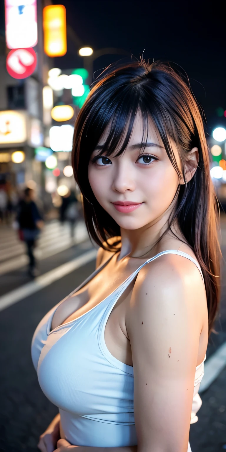 1 girl, Tokyo Street,night, Streetscape,City lights,Upper Body,close,smile,, (8k, RAW Photos, Highest quality, masterpiece:1.2),(Realistic, photo-Realistic:1.37),