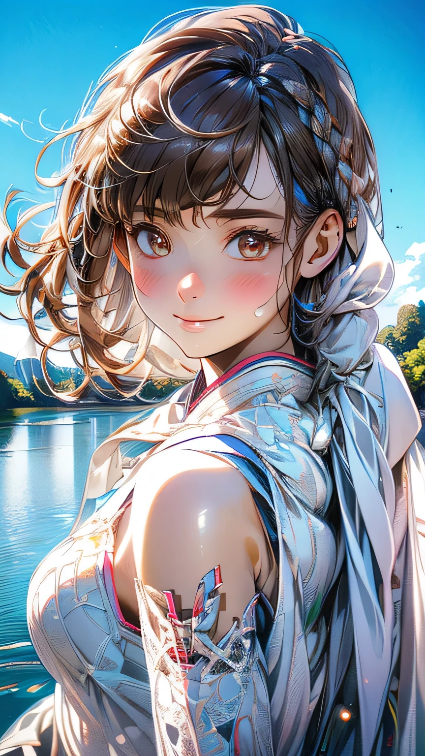 (masterpiece:1.2, Highest quality), (Realistic, photoRealistic:1.4), Beautiful illustrations, (Natural Side Lighting, Cinema Lighting), ((Very big butt))
View your viewers, 1 girl, Japanese, Junior high school girl, , Perfect Face, cute and symmetrical face, Glowing Skin, thin,
(Mid-length hair:1.2, Half Up:1.4, Light brown hair), Asymmetrical bangs, Brown eyes, Long eyelashes, (Mid-chest:0.7),
Beautiful Hair, Beautiful Face, Beautiful details, Beautiful clavicle, Beautiful body, Beautiful fingers, (((Panties are visible))) ((Very large saggy tits)), ((In underwear、White lace underwear))((Fullback panties))Underarm , Slightly , Very large breasts, Full body angle, 14 year old woman , Thick thighs
((Detailed cloth texture)),
(Beautiful views), evening, (River side), Are standing, (cute, cute smile, Upward glance),