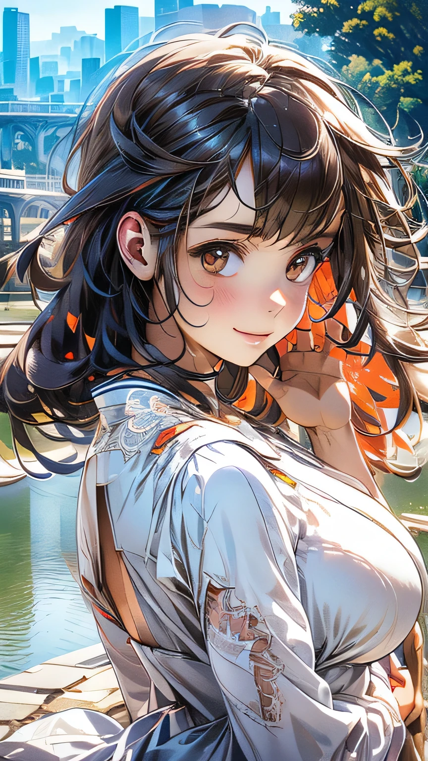 (masterpiece:1.2, Highest quality), (Realistic, photoRealistic:1.4), Beautiful illustrations, (Natural Side Lighting, Cinema Lighting), ((Very big butt))
View your viewers, 1 girl, Japanese, Junior high school girl, , Perfect Face, cute and symmetrical face, Glowing Skin, thin, 
(Mid-length hair:1.2, Half Up:1.4, Light brown hair), Asymmetrical bangs, Brown eyes, Long eyelashes, (Mid-chest:0.7), 
Beautiful Hair, Beautiful Face, Beautiful details, Beautiful clavicle, Beautiful body, Beautiful fingers, (((Panties are visible))) ((Very large saggy tits)), ((In underwear、White lace underwear))((Fullback panties))Underarm , Slightly , Very large breasts, Full body angle, 14 year old woman , Thick thighs
((Detailed cloth texture)), 
(Beautiful views), evening, (River side), Are standing, (cute, cute smile, Upward glance),