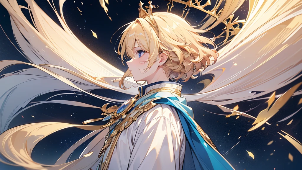 (Highest quality) (4K) (8k) (High resolution) (masterpiece:1.2) (Super detailed) One boy short hair Wizard Blue Eyes Long sleeve Golden decoration Hair between the eyes White costume Wavy golden hair Upper Body Young Serious A of about fifteen years old Upper Body Blonde Look at top left ((profile)) Wear the crown