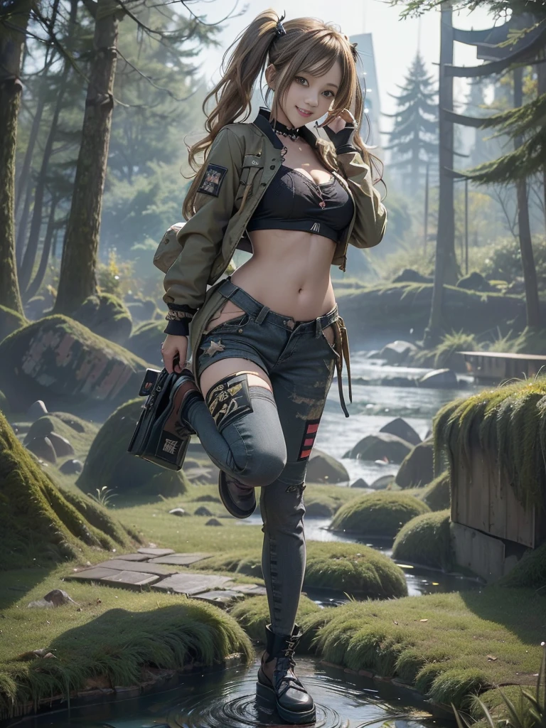 (Full Body View:1.2)、(Hostess:1.3)、(Smiling with teeth showing:1.3),(Shibuya Gal:1.5)、(Gothic ta gravure model:1.4)、(Loliashion:1.5)、(Punk RockVisual Kei:1.4)、(A modern short jacket in dark grey and moss green.:1.5)、(Tattered brown and charcoal denim low rise cargo pants:1.5)、(Mustard Yellow Headband:1.3)、(Charcoal and khaki striped knee socks:1.4)、collar、(Brown platform long boots)、(Clothing with logo pattern:1.4)、20-year-old、Browsing Caution,((Highest quality、In 8K、masterpiece:1.3))、Sharp focus:1.2、(Layered Cut、Huge breasts:1.1),Beautiful woman with perfect figure:1.4、(Doing an aerobics pose:1.3)、Slim Abs:1.2、Butt、Highly detailed face and skin texture、Fine grain、double eyelid,(Twin tails:1.3)、(Brown-golden hair:1.3)、Obscene、Idol Sculpture、(The landscape is a beautiful temple of water and forest:1.3)、(Slimming your legs:1.4)、(The body is slim:1.3)、(clavicle:1.1)