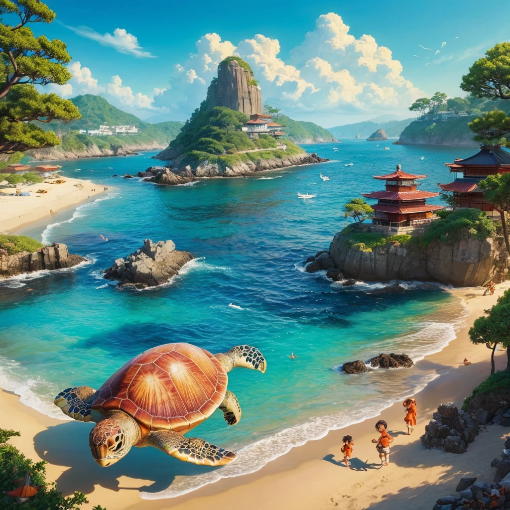 Long shot, (Japanese folk tale), (The world of Urashima Taro), Turtle attacking children, Beach, Turtle smaller than the children, Spectacular background, Anime style, 32K UHD, Strong realism, Deep shadows, Stylish and detailed HD