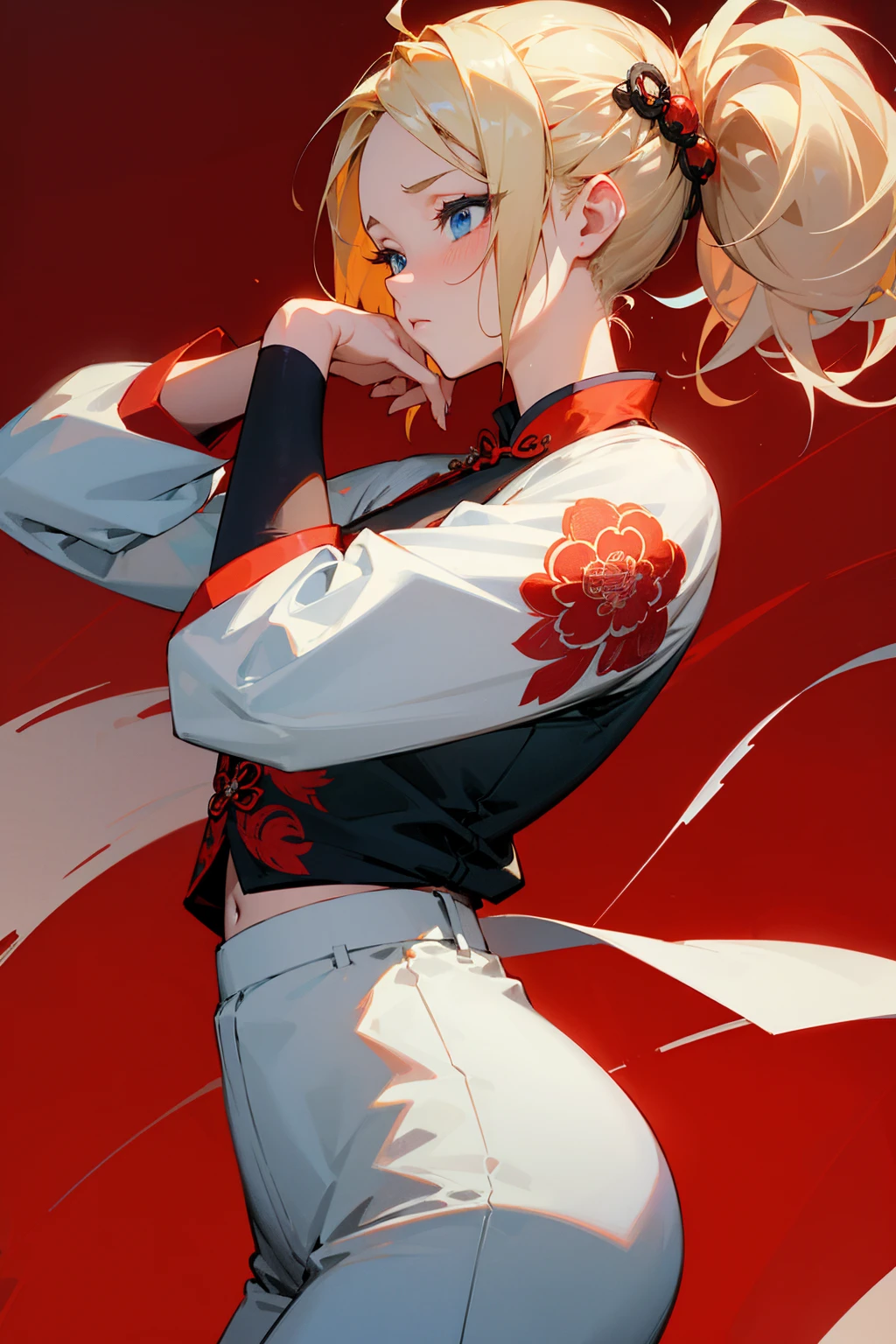 1female, blonde hair, messy updo, blue eyes, somber expression, red chinese design shirt, white and red chinese design pants, foggy background, hands to side, detailed face