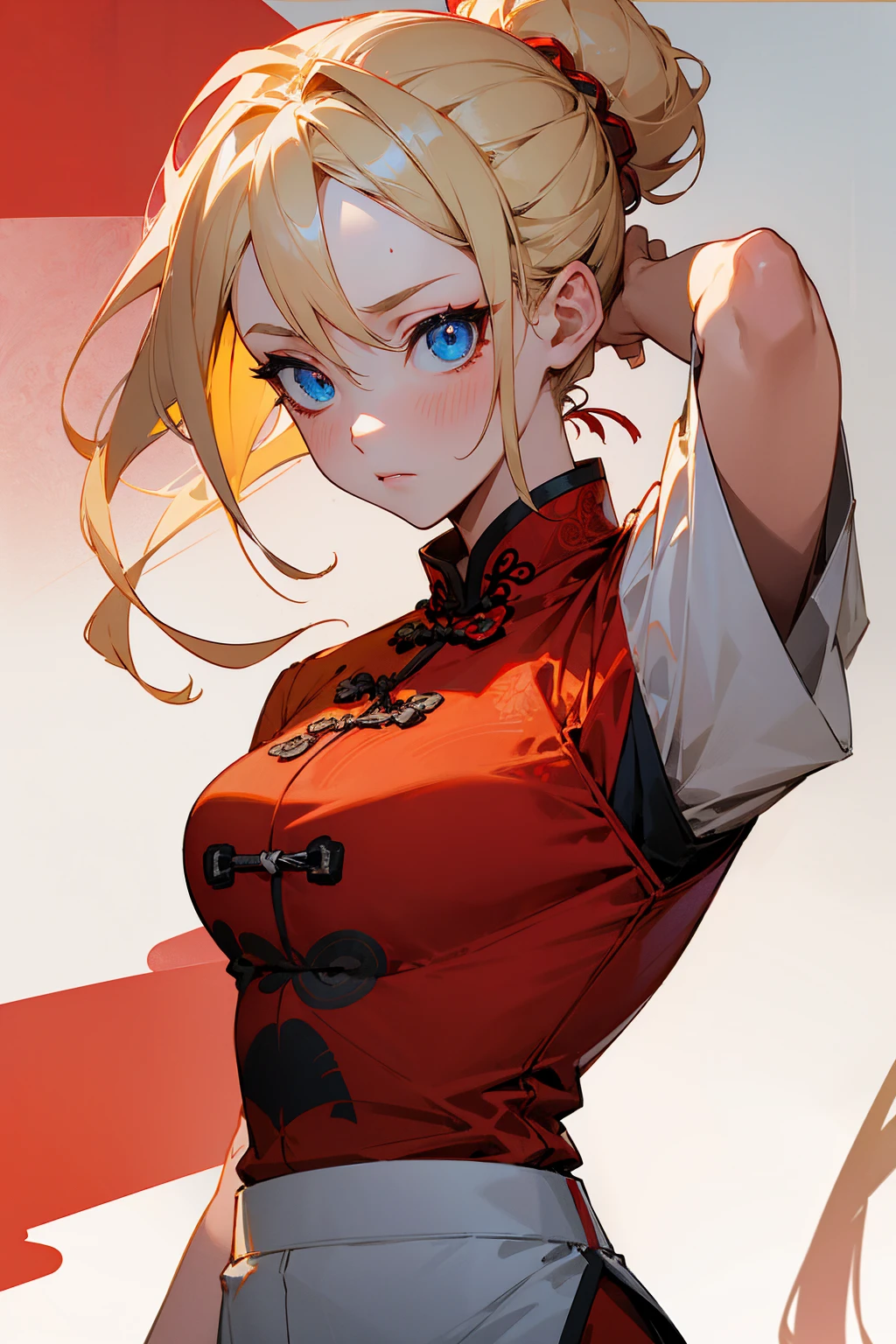 1female, blonde hair, messy updo, blue eyes, somber expression, red chinese design shirt, white and red chinese design pants, foggy background, hands to side, detailed face
