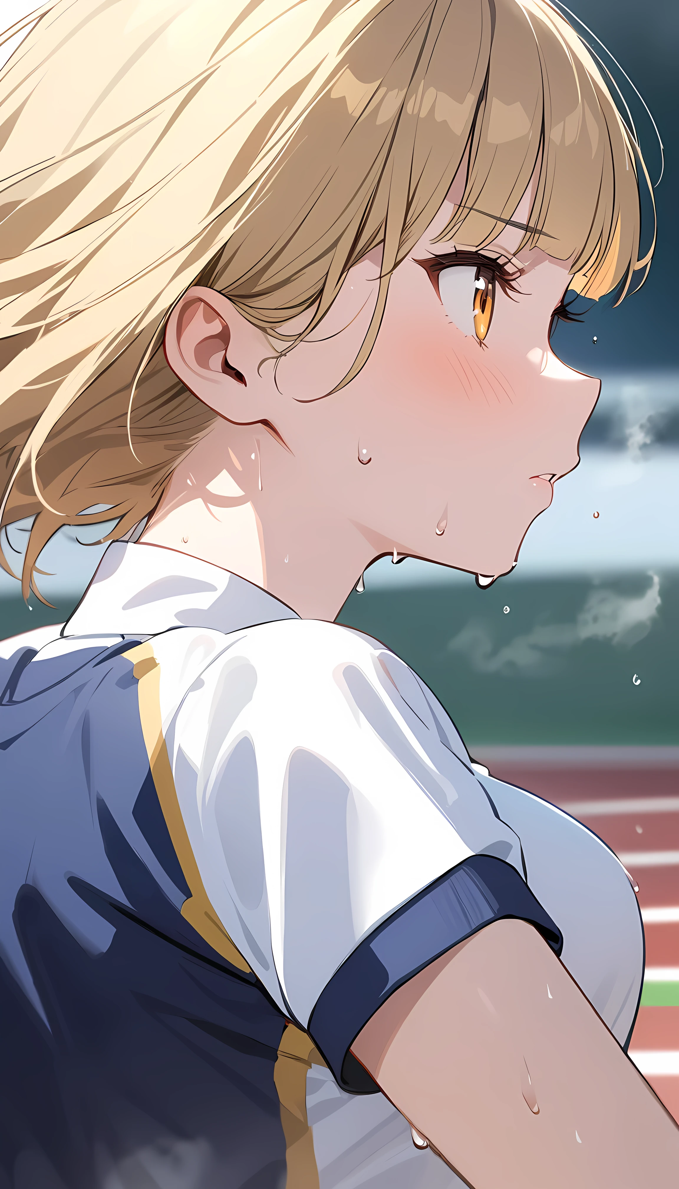 (1 girl),(Best Picture Quality, 8K, Masterpiece:1.3), (:1.5), ((yellow beige lob hair:1.1)), (bob cut),(blunt bangs:1.3), (cute eyes, pupil black, iris orange, youthful face),(standard weight), (small breasts), (glistening skin:1.2),(pale skin:1.2),(serious:1.4),BREAK,((track and field uniform),(running:1.3),(sweat:1.3),(steam:1.2),(looking ahead:1.3), ((from side:1.3)),((close up face)).