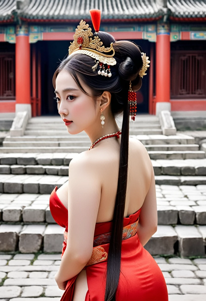 The background is a cobblestone street outside a Chinese palace in the Qing Dynasty. The empress at the Chinese court in the Qing Dynasty is wearing red Hanfu and looking from the front. Her big buttocks are covered with a naked loincloth that has been moved down to show off her big breasts. Her hair is adorned with a gorgeous Chinese empress's crown, and the back of her hair is tied up at the top.
