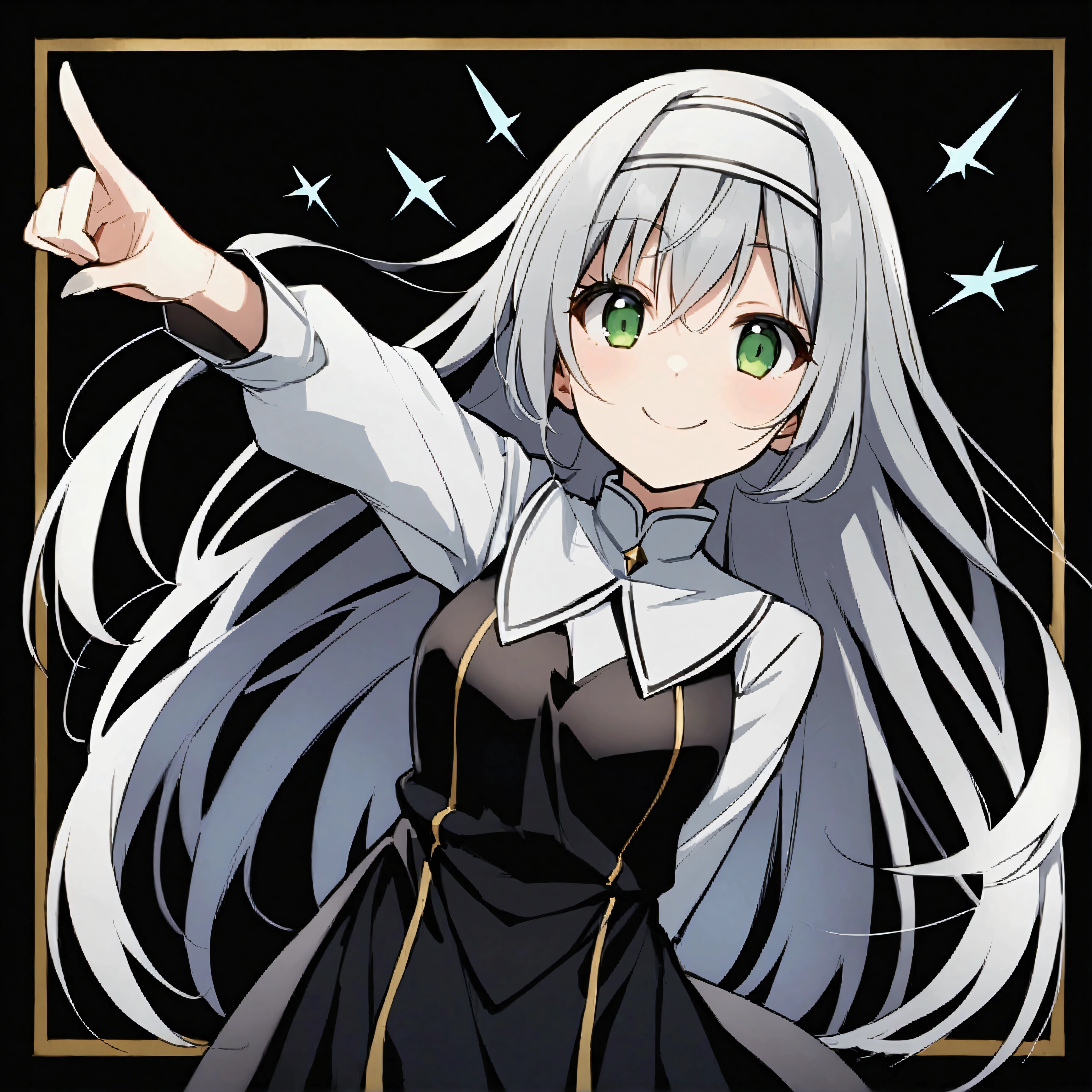 score_9、score_8_up、score_7_up、zPDXL、zPDXLpg、、、、Pointing to electricity、、KJOindex、Gray Hair、Green Eyes、Long Hair、Nuns、Nunsの頭飾り、Gold border、1 girl、smile、Simple Background、Black background