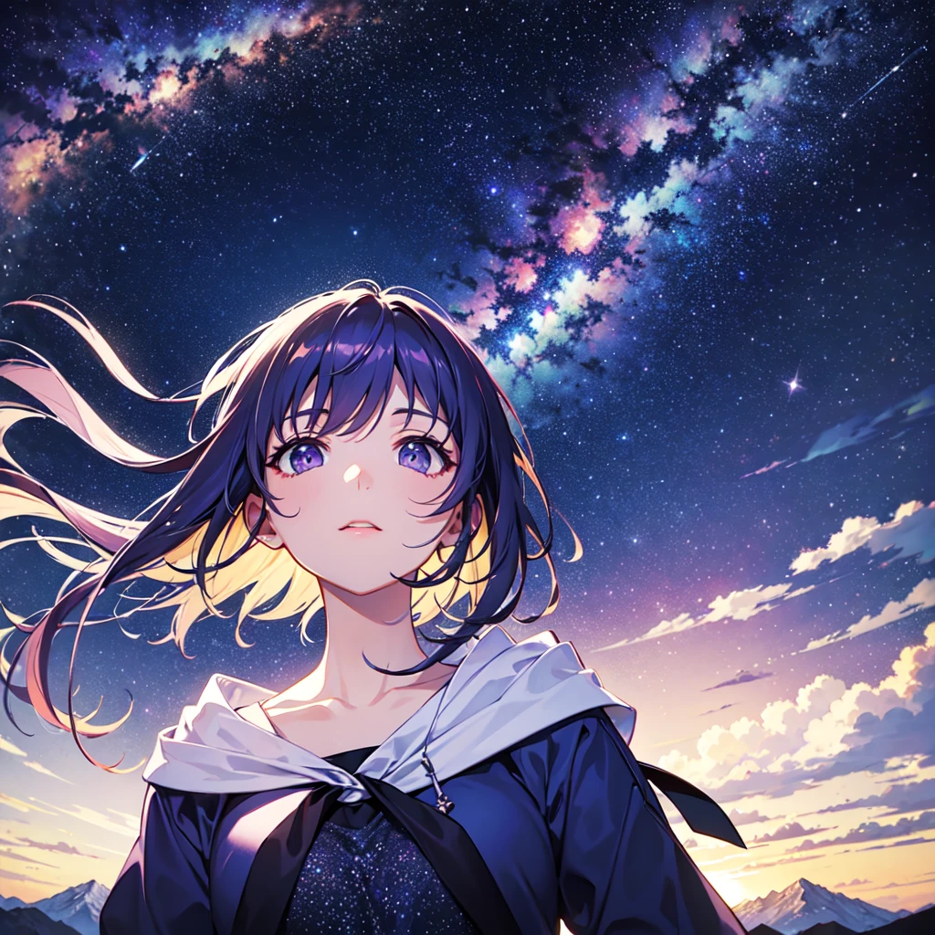 A blue Sky with atmospheric purple and white stars, epic, atmospheric, gazing at the star so bright, cinematic pov