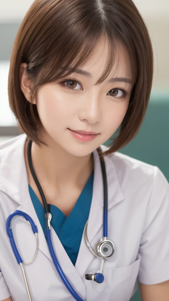1woman, medium hair, brown hair, brown eyes, white nurse