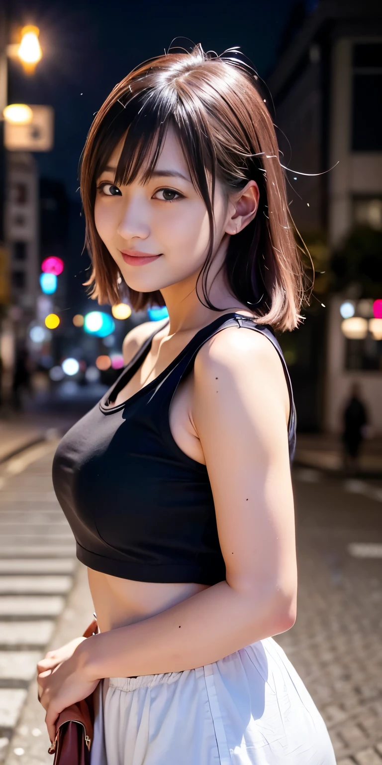 1 girl, Tokyo Street,night, Streetscape,City lights,Upper Body,close,smile,, (8k, RAW Photos, Highest quality, masterpiece:1.2),(Realistic, photo-Realistic:1.37),