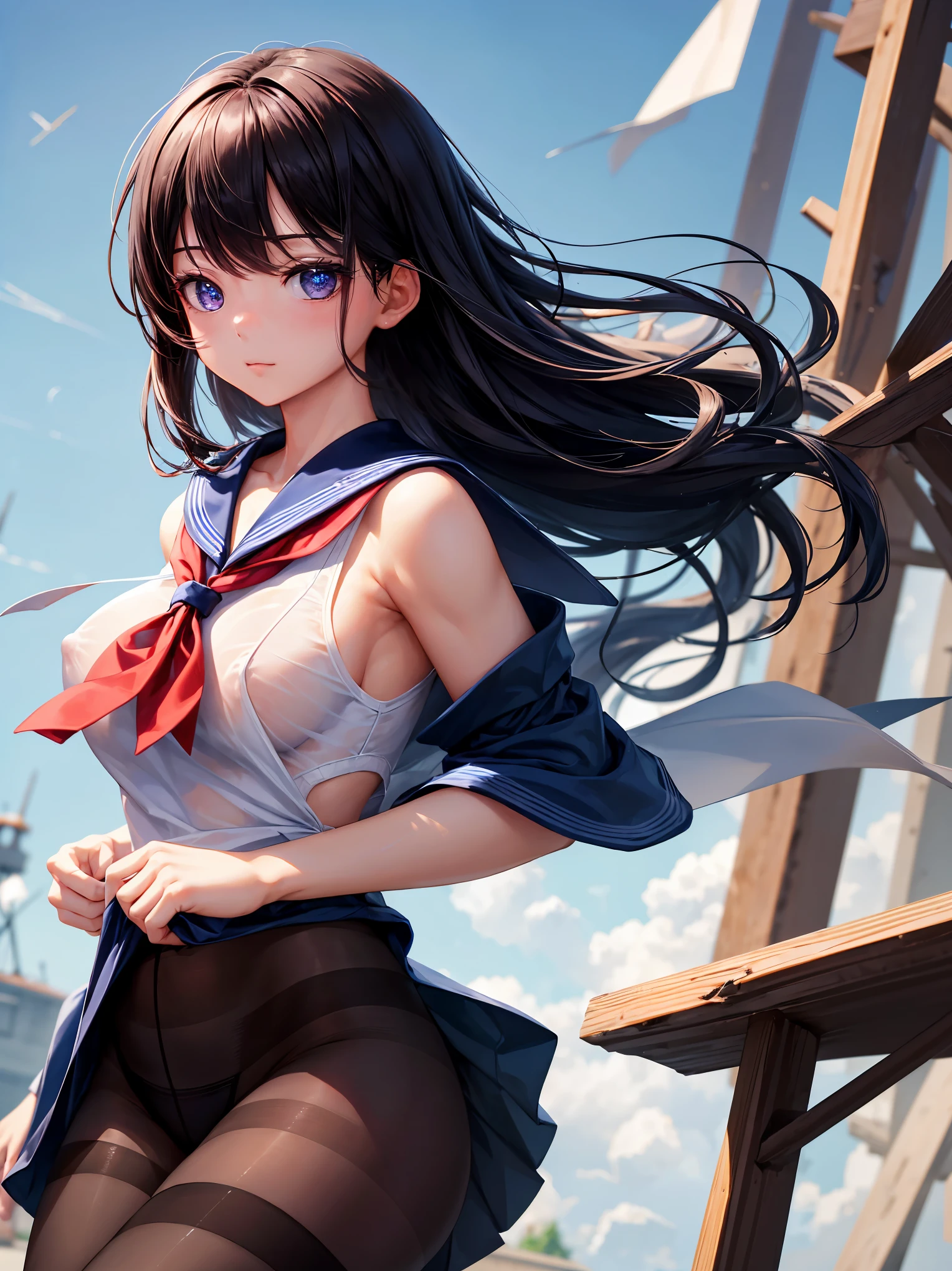 (1 Girl:1.2),(high quality), (High resolution), (Very detailed), (8k),(Demolition paperback correct)、Sexy Lingerie、Wearing a sailor uniform、((Focus on the whole body))、Nipple Shape、((Black Pantyhose))、Hair messed up by strong wind、Neutral White Lighting,Sexy pose、