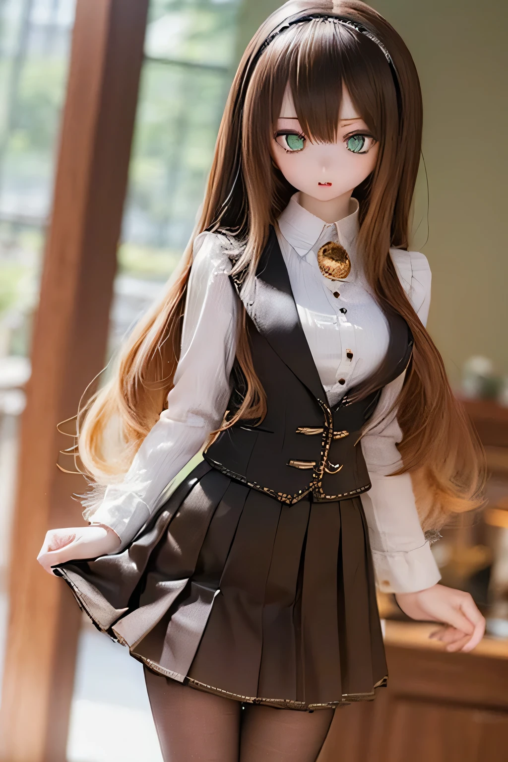 (SFW:2), photorealistic, realistic photo, 8k, ((highest quality)), ((masterpiece)), (extremely detailed), kukolnydom, doll, (mature woman, 21yo, 21 years old, solo:1.6), ((cowboy shot, standing, slim, slender, skinny, medium breasts, hairband, ascot, vest, blouse, long puff sleeves, pleated skirt, black pantyhose)), (green eyes, brown hair, long hair, plastic skin, looking at another, glass eyes, gradient eyes, shining eyes, detailed eyes:1.3)