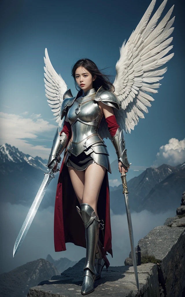 Ultra-high resolution，High-resolution details，A powerful angel in heavenly armor, Sword with shield, Wings, Be prepared for battle ，Background of the battle between the two armies