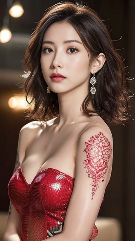 Anime-style woman, thin, thin, whole body, Full of tattoos, Lots of earrings, Beautiful and shiny hair, Rainbow Eyes, Slanted Eyes, Wavy Hair, Kind and charming, shoulderを露出させる, Delicate and sexy collarbone, Attractive oval face, double eyelid, Pink Lips, Small Nose, Concentrated face, Ultra-high resolution, Very detailed, Graceful posture, Nice, ultra-thin, See through, Bloody Red，Solo mesh dress with lots of rhinestones,（arm、shoulder、Tribal tattoo pattern body paint on chest），Glowing Skin, Realistic Background, sunlight，(From below:1.3)，(Looking down, Display in viewer:1.3)