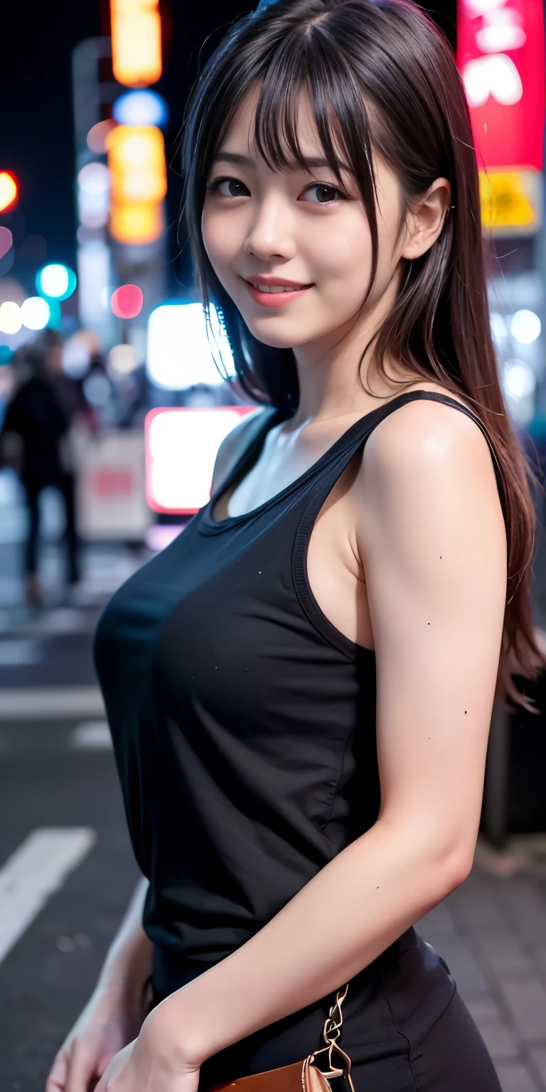 1 girl, Tokyo Street,night, Streetscape,City lights,Upper Body,close,smile,, (8k, RAW Photos, Highest quality, masterpiece:1.2),(Realistic, photo-Realistic:1.37),