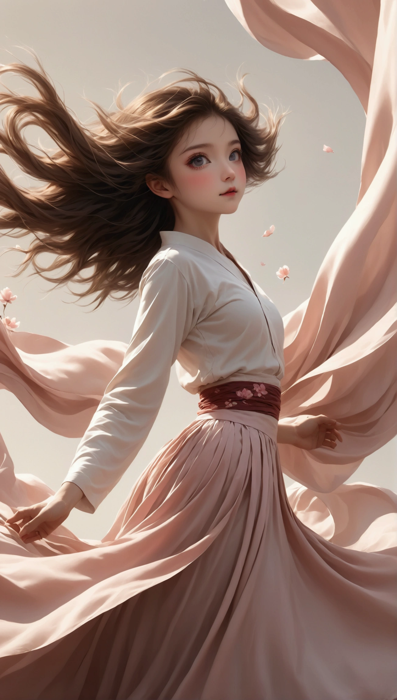 Full body portrait；Beautiful dance photography；A ，Solitary；A dancing little girlk Eyeball，confidence，High and cold，happy]；[Long skirt，Long sleeve；Set，Light pink and white gradient，Traditional style，The skirt has no pattern，Long skirt下摆像花瓣布满背景,Petal pattern，The background is petals and skirt,]；[Chinese dance]，[[[Full body panorama 1.1]]]，front；Long hair in the wind,advanced sense,Fashion, Still photography, Loop video, Fascinating movement, captivating visuals, Seamless integration, Compelling storytelling, Vortex phenomenon, Angled form, Dynamic Movement, Bold Geometric Shapes, Fragment shape, sharp contrast, Influence of modernism, nature, , modern Art, Astonishing, Unreal Background, Art from (Alessio Albi:1.1), Soft lighting, happy emotion,(close up, Face Focus), (Fractal Art) Extremely detailed,The most beautiful form of chaos, elegant； Simple style；Minimalism。Panoramic photography；Depth of Field, Extraordinary details, masterpiece, high quality, 4K，cinematic lighting, motion blur, depth of field, sparkle, ray tracing, reflection light, anatomically correct, uhd, textured skin, best quality, super detail, highres, high details, accurate, high quality, award winning。