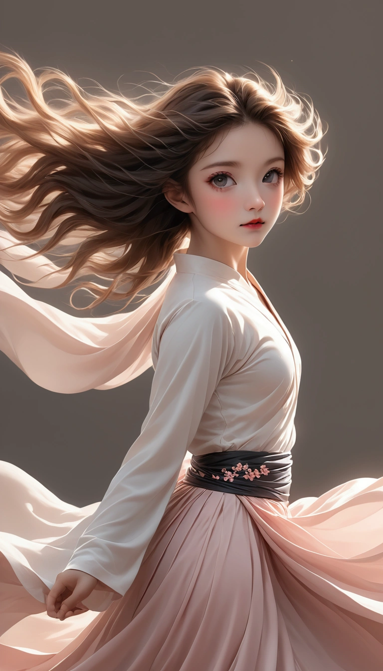 Full body portrait；Beautiful dance photography；A ，Solitary；A dancing little girlball，confidence，High and cold，happy]；[Long skirt，Long sleeve；Set，Light pink and white gradient，Traditional style，The skirt has no pattern，Long skirt下摆像花瓣布满背景,Petal pattern，The background is petals and skirt,]；[Chinese dance]，[[[Full body panorama 1.1]]]，front；Long hair in the wind,advanced sense,Fashion, Still photography, Loop video, Fascinating movement, captivating visuals, Seamless integration, Compelling storytelling, Vortex phenomenon, Angled form, Dynamic Movement, Bold Geometric Shapes, Fragment shape, sharp contrast, Influence of modernism, nature, , modern Art, Astonishing, Unreal Background, Art from (Alessio Albi:1.1), Soft lighting, happy emotion,(close up, Face Focus), (Fractal Art) Extremely detailed,The most beautiful form of chaos, elegant； Simple style；Minimalism。Panoramic photography；Depth of Field, Extraordinary details, masterpiece, high quality, 4K，cinematic lighting, motion blur, depth of field, sparkle, ray tracing, reflection light, anatomically correct, uhd, textured skin, best quality, super detail, highres, high details, accurate, high quality, award winning。