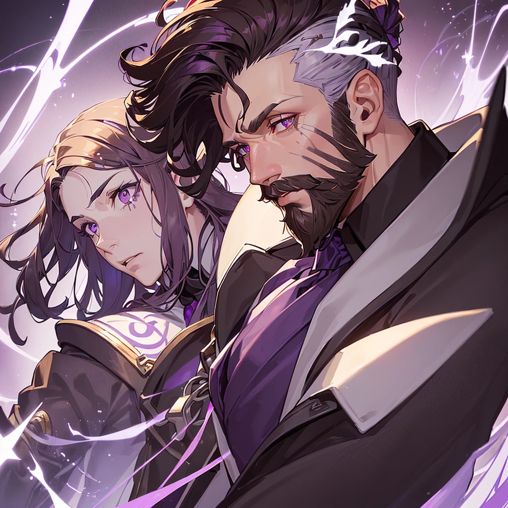 ((34 year old white man)), ((dark brown hair with purple tips combed back)), ((purple eyes and a full beard)), ((scars on the right side of the lip, another on the right eye and one on the left side of the forehead)), ((black overcoat and red dress vest underneath)).