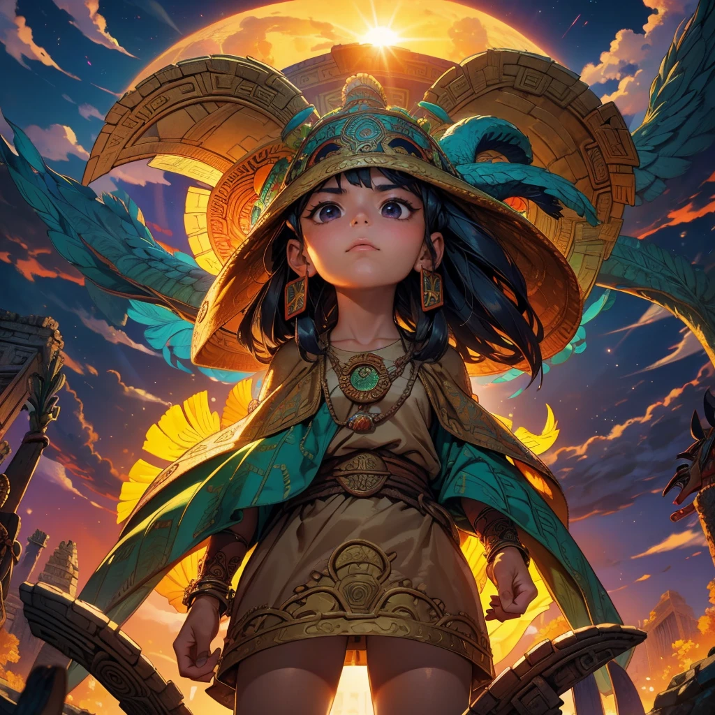 Childish, high quality、Very detailed、8Year、Mayan Aztec young priestess、Flying Feathered Serpent(Quetzalcoatl Kukulkan)Looking up at the sky and offering prayers、Chichen Itza Temple of the Sun in the Forest、mysterious、