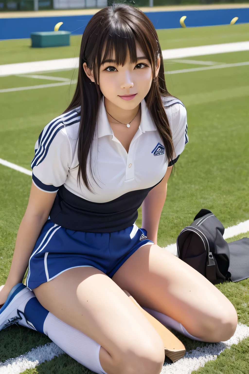 Highest quality, 8k, masterpiece,  Junior high school girl、Sit on a chair、Spread your legs、Knee Up、Black knee-high socks、Sexy pose、Big Breasts、Chest tightness、Track and field uniform、Bring your chest together at your elbows、Cute like an idol、cute、Japanese、Shorts、from the front、Plump thighs、Leg spread、