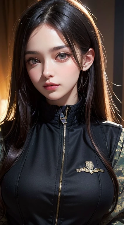 (UHD, Retina, masterpiece, precise, Anatomically correct, Textured Skin, Super Detail, High Detail, high quality, best quality, high resolution, 1080P, HD, 4K, 8K, 16K), (Beautiful and delicate eyes, Beautiful and delicate lips, Extremely detailed eyes and face), Studio Lighting, Physically Based Rendering, Bright colors, (Large Breasts, Attractive figure), (military jacket:1.5), (Black vest), (portrait, Shiny hair, Glowing skin, blush), (Bokeh), Eye Reflection,
