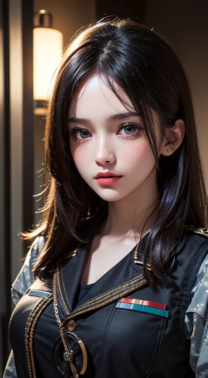 (UHD, Retina, masterpiece, precise, Anatomically correct, Textured Skin, Super Detail, High Detail, high quality, best quality, high resolution, 1080P, HD, 4K, 8K, 16K), (Beautiful and delicate eyes, Beautiful and delicate lips, Extremely detailed eyes and face), Studio Lighting, Physically Based Rendering, Bright colors, (Large Breasts, Attractive figure), (military jacket:1.5), (Black vest), (portrait, Shiny hair, Glowing skin, blush), (Bokeh), Eye Reflection,