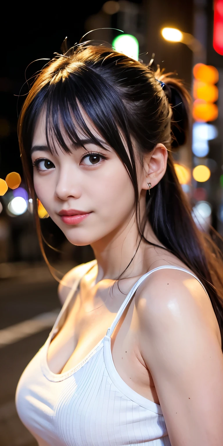 1 girl, Tokyo Street,night, Streetscape,City lights,Upper Body,close,smile,, (8k, RAW Photos, Highest quality, masterpiece:1.2),(Realistic, photo-Realistic:1.37),