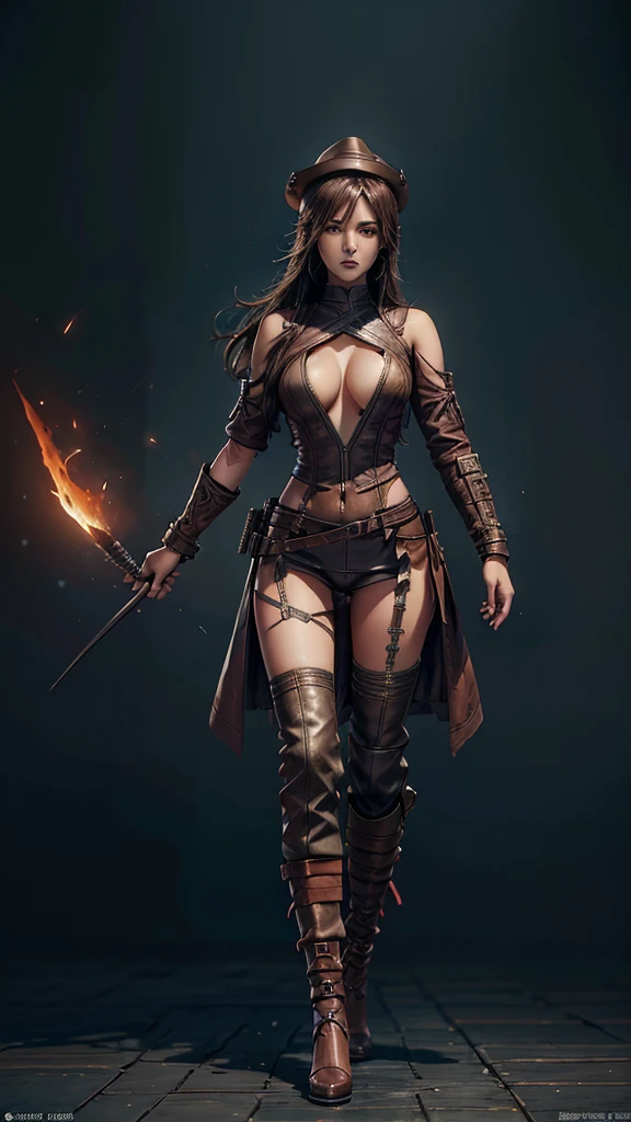 fantasy warrior woman wearing brown leather clothes, brown leather, less detailed clothes, sexy, tight clothing, flat heel shoe, assassin hat, game character design, stylized anime style, ninja assassin, full body, standing in A-pose, ultra realistic, ultra HD, octane render, high quality, masterpiece